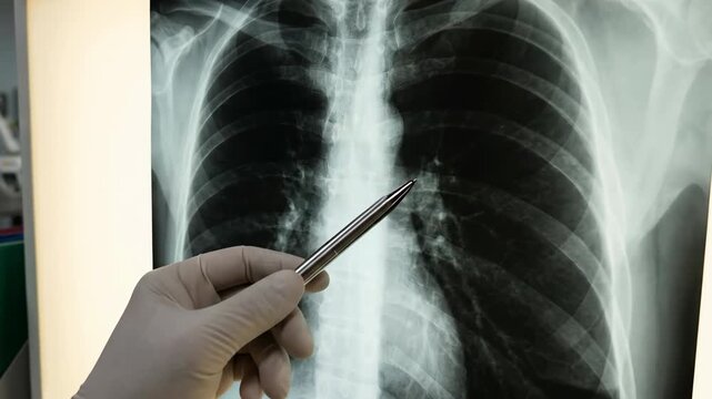 Cancer lung check diagnosis prevention awareness healthcare disease risk survival, clinician hand with glove pointing chest xray radiograph lightbox for medical screening, patient care, mortality