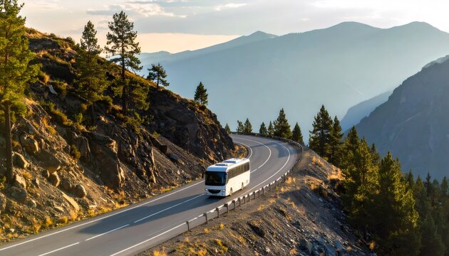 Bus traveling winding mountain road with scenic landscape