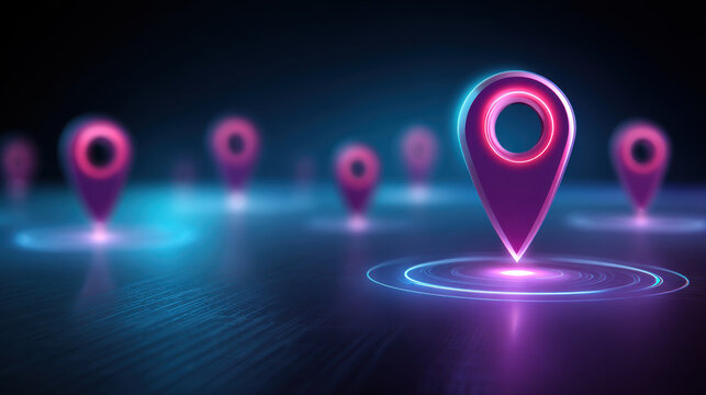 Futuristic navigation map glowing location marker digital interface neon circle virtual city technology background blue light pink light navigation icon location pin futuristic map digital city