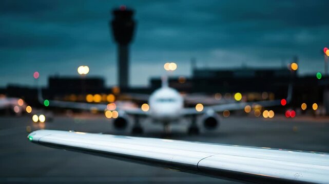Aircraft wing airport runway with airplane night bokeh, travel aviation terminal scene showing cargo container shipping delay logistics bottleneck crisis disruption shortage economy trade risk