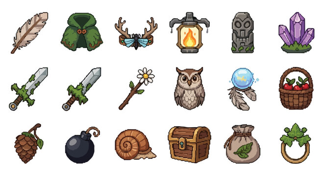 A set of eighteen fantasy-themed pixel art icons featuring nature-inspired items like weapons, magical artifacts, forest creatures, and treasure.