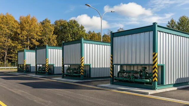 Modular prefabricated construction innovation sustainability efficiency progress future industrial infrastructure modular home portable building site utility container units beside roadway blue sky