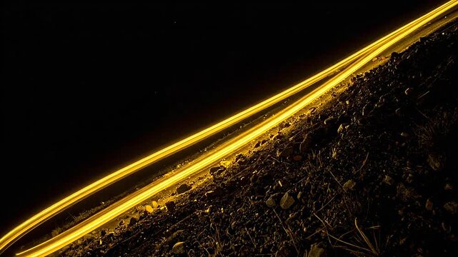 Bright streaks of light illuminate a dark road at night, creating an abstract pattern