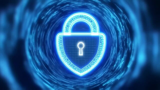 futuristic cybersecurity videos showcasing encryption and digital protection, emphasizing glowing shields, padlocks, and firewalls in a high-tech abstract style. secure the digital frontier