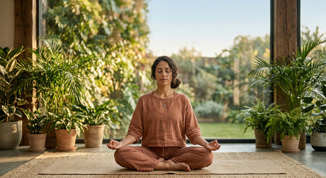 Peaceful Woman Meditating in Biophilic Yoga Studio