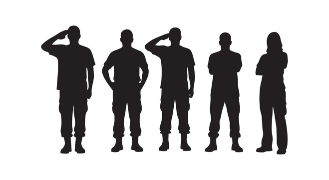Five dark silhouettes of male and female military personnel standing and saluting in various poses.