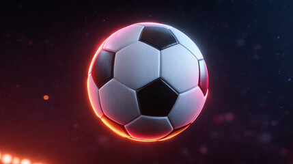 Fototapeta premium High detail soccer ball floating in dynamic motion, dramatic glowing sphere in dark space