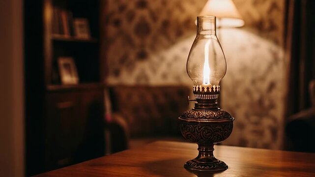 A vintage oil lamp glows brightly on a wooden table in a dimly lit room setting