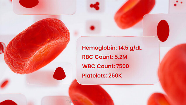 Red blood cells and medical information on white background