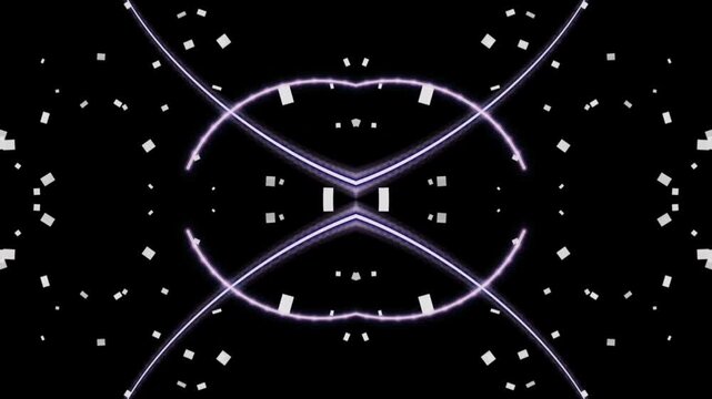 dynamic LED animation with symmetrical shapes that continuously change color from purple to white and vice versa on a black background.