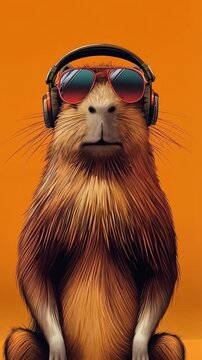 HD Capybara, headphones, Capybara wearing headphones and sunglasses against an orange background in a playful cartoon style for social media and advertising, cartoon, illustration, playful