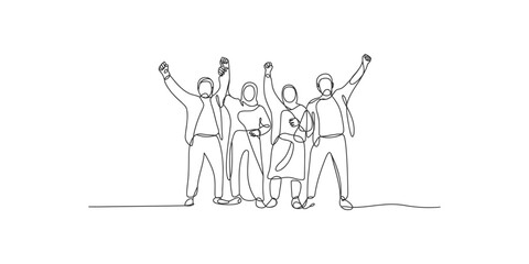 Obraz premium A line drawing of a diverse group of people with their fists raised in celebration or solidarity on white background