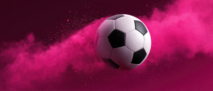 Soccer ball in magenta powder cloud on dark background, sporty dynamic motion and vivid contrast