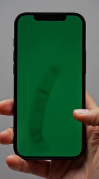 Hand holding smartphone with green screen against gray background