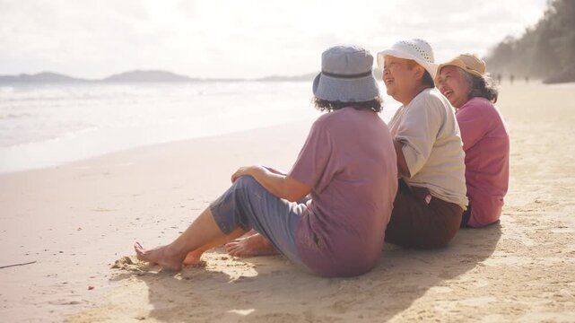 Happy senior women friends travel at the sea, sitting and celebrate aging gracefully together at the beach, active elderly retirement people lifestyle, female friendship on summer holiday vacation.