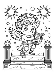 Fototapeta premium Divine Melody: A celestial being, bathed in starlight, serenades with an elegant harp on celestial steps, a fusion of artistry and mythology, symbolizing divine harmony