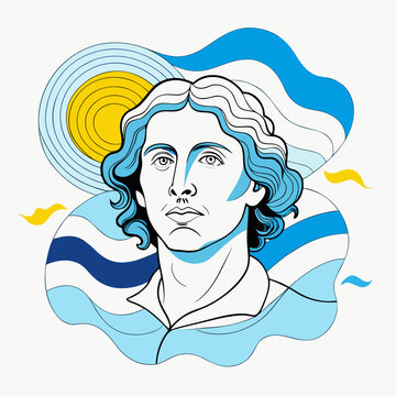 Artistic vector illustration of Oscar Wilde with blue hair and abstract waves