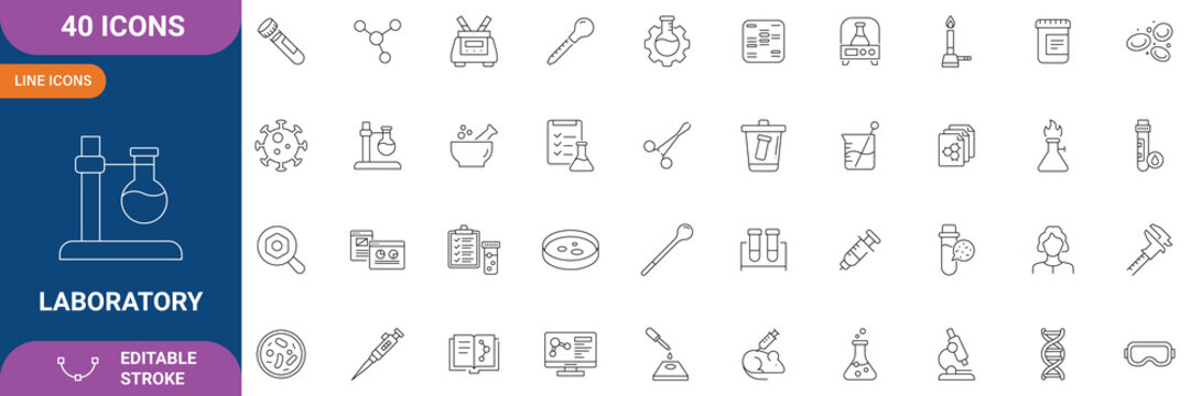 Laboratory Icon Set. Containing Experiment, Test Tube, Microscope, Flask, Chemical, Biology, Research, Lab, Science, Analysis, Medicine, Equipment and etc. Line Icon. Editable Stroke. Vector file