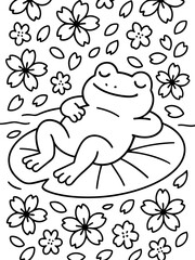 Fototapeta premium Resting Frog Amidst Cherry Blossoms: A serene scene unfolds as a contented frog reclines on a lily pad, surrounded by a cascade of delicate cherry blossoms and petals.