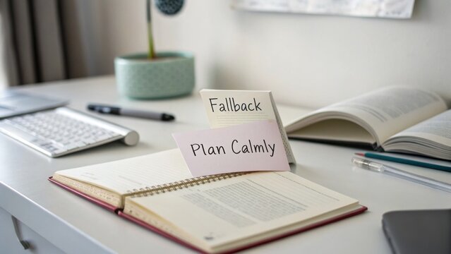 Creative workspace with motivational notes on fallback and planning calmly for effective productivity and organization