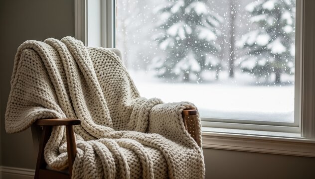 Winter's Cozy Retreat: A plush blanket drapes over a comfortable armchair, offering a warm haven against the backdrop of a snowy winter scene. A peaceful indoor setting for relaxation.