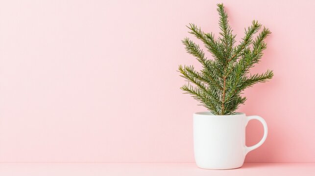 small green pine tree in a white mug against a soft pink background