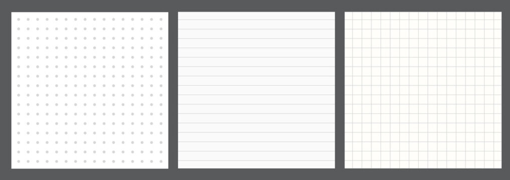 Minimalist paper texture set with dot grid, lined, and square graph patterns. Three white notebook page templates for digital journaling and planning.