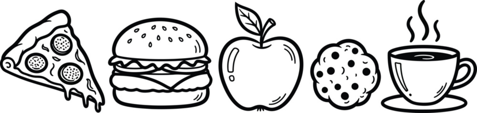 A charming hand drawn illustration showcasing a variety of popular food and beverage items in a linear style