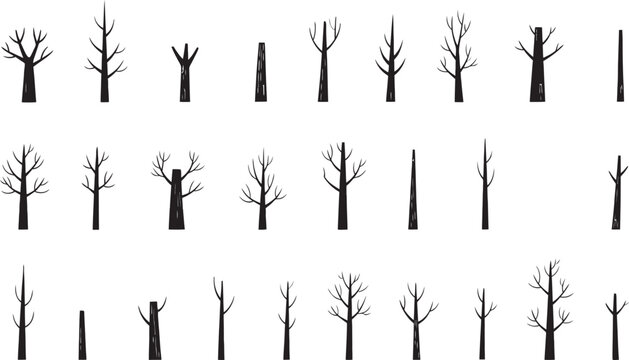 A collection of black silhouette trees in various stages of growth arranged in rows on a white background