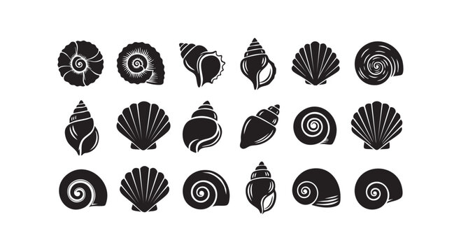 Group of black seashell and spiral shell silhouettes arranged in rows.