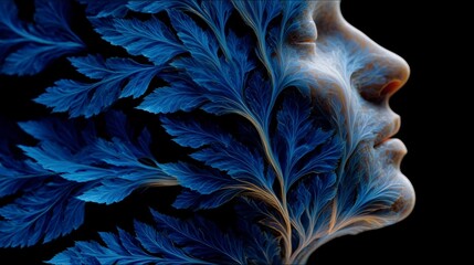 Obraz premium Abstract human profile merged with intricate blue fern foliage representing nature connection and bio-art digital creation