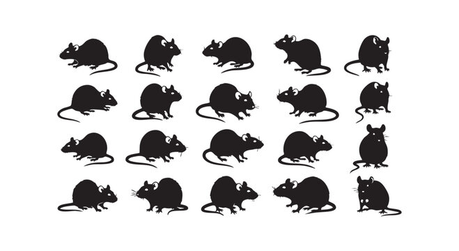 Group of many mice silhouettes in different poses vector illustration.
