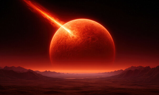 Red planet impact fiery meteor alien landscape dramatic sky glowing horizon dark space cratered planet volcanic terrain distant mountains red atmosphere