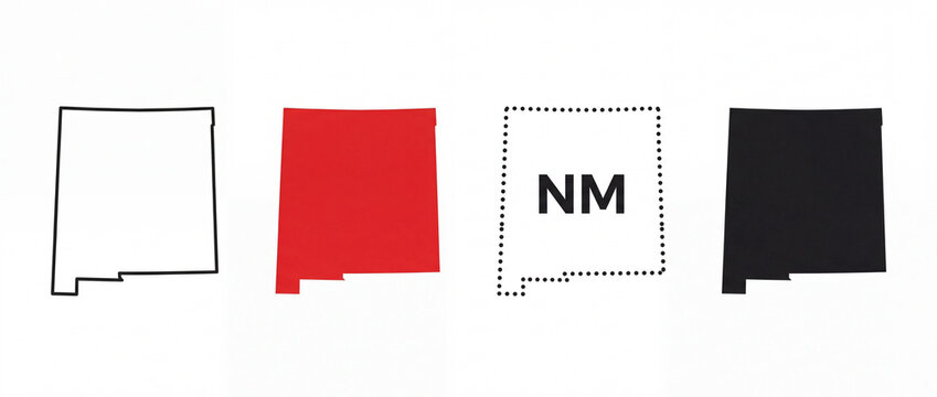 Four stylized vector map designs of a U.S. state, featuring outline, red fill, dotted border with initials, and black fill