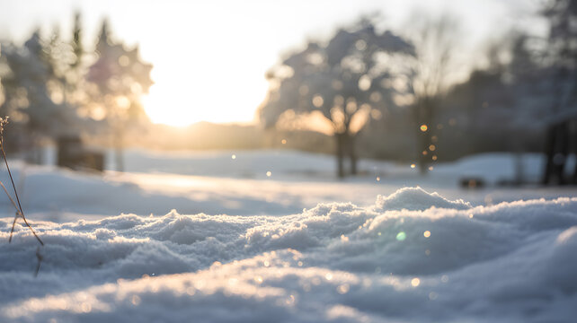 A serene winter landscape with snow-covered trees and a bright sunset  