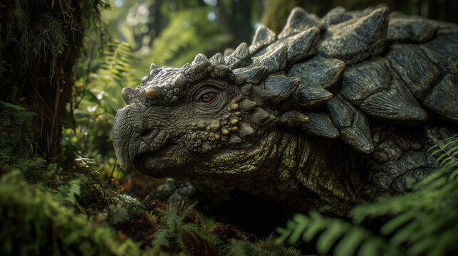Ankylosaurus in a Lush Jungle: A detailed depiction of an armored Ankylosaurus resting amidst the lush greenery of a primordial jungle environment.