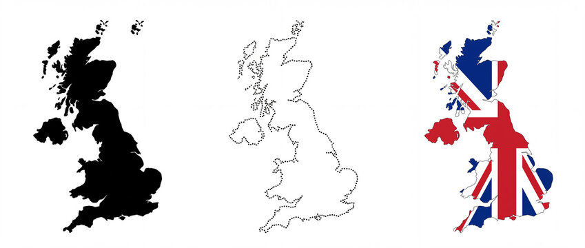 Illustrations of the United Kingdom map in silhouette, outline, and Union Jack flag design, showcasing Great Britain's iconic geography and national symbol