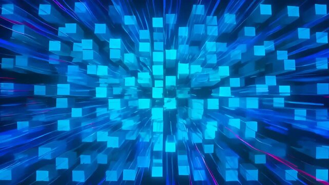 Abstract blue square burst digital motion background with glowing cube pattern, abstract green cube pattern with perspective depth and digital motion dark background, abstract green cube field with