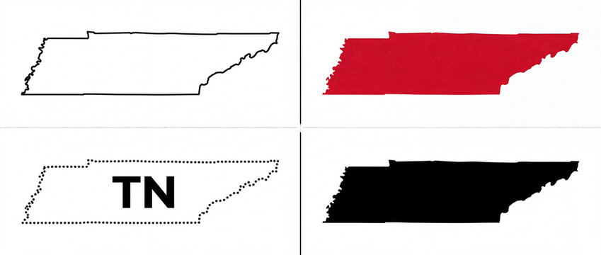 Four stylized vector graphics depicting the state of Tennessee's outline. Variations include line art, solid red, solid black, and the 'TN' abbreviation, suitable for regional maps