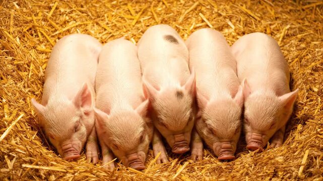 Group of cute pigs sleeping on hay. Little newborn farm animal resting together in a cozy and warm environment. Growing husbandry concept.