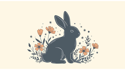 Fototapeta premium Dark Gray Rabbit with Orange Flowers - Cute Woodland Animal Art for Spring & Easter Designs