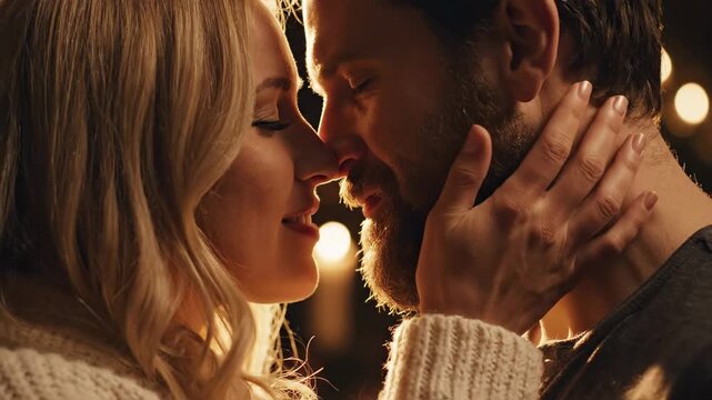 This is a capturing a romantic moment between a couple. The couple is shown in a close-up shot, with their faces inches apart, exuding a sense of intimacy and affection. The soft lighting in the