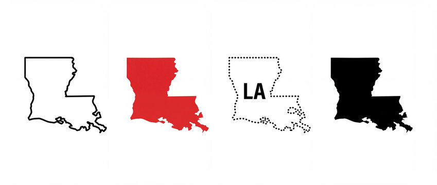 Four stylized outlines of Louisiana state, including a red, black, and text-based map of the state