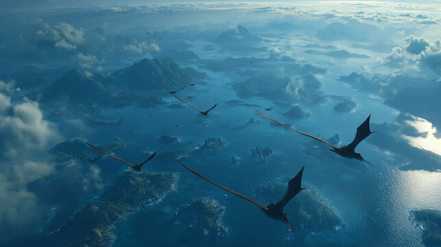 Soaring Through Azure Skies: A squadron of majestic creatures takes flight against a backdrop of sweeping landscapes, with clouds drifting by. The scene is imbued with a sense of freedom and wonder.