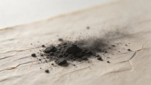 Horizontal Extreme Macro of Charcoal Dust Splatter on Sketch Paper with Subtle Graphite Sheen
