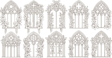 Set of ornate gothic cathedral window frames decorated with elegant lily flowers and botanical floral elements for vintage decorative design vector illustration