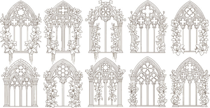 Set of ornate gothic cathedral window frames decorated with elegant lily flowers and botanical floral elements for vintage decorative design vector illustration