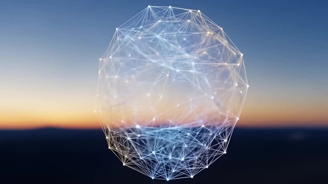 Geometric, luminous network structure floating in front of a blurred sunrise backdrop