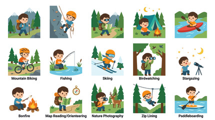 Fototapeta premium Children's Outdoor Activities Hobbies Flat Vector Icons