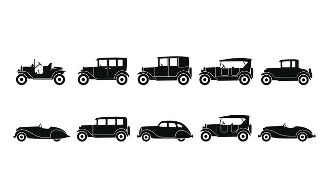 Automotive Vintage Car Silhouettes Vector Icon Set - Classic Antique Automobile Collection
